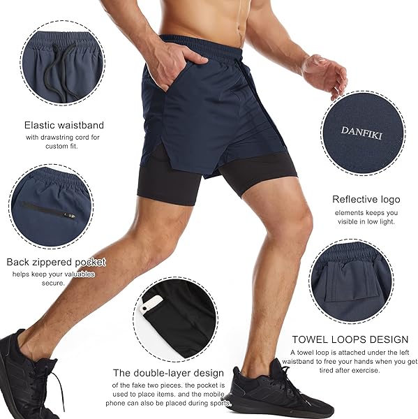 Danfiki Short de Sport 2 en 1 Respirant pour Homme avec Poches Sport Séchage Rapide Leggings de Sport avec Poche Base Layer Stretch - 4