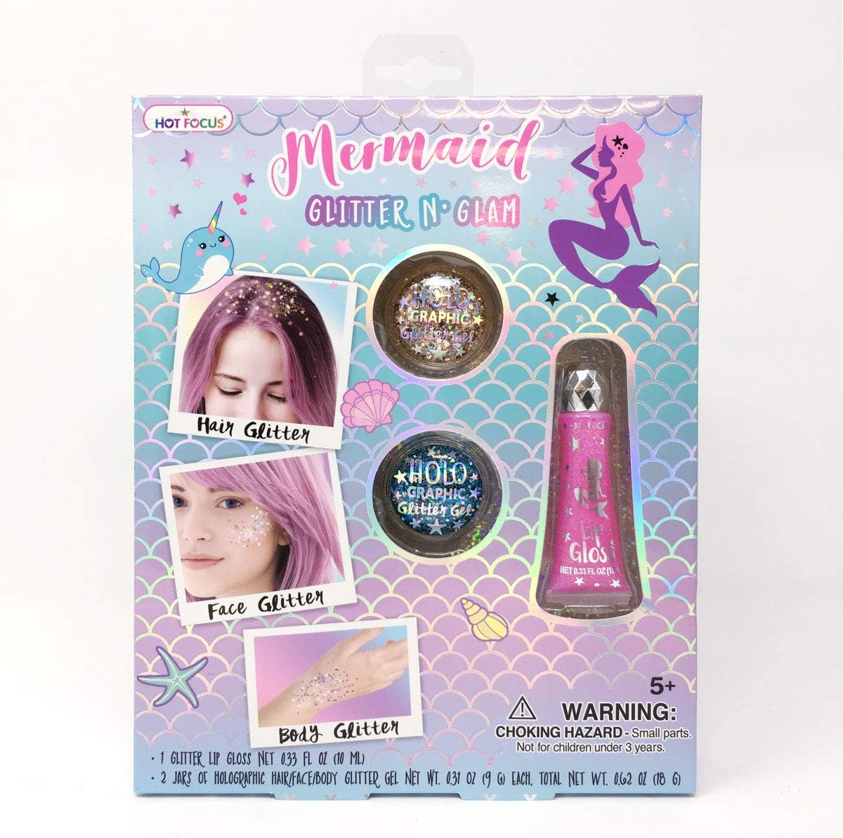 Hot Focus Glitter N’ Glam, Mermaid – 2 Jars of Holographic/ Iridescent Body Glitter, 1 Lip Gloss, Shimmering and Sparkling Makeup Kit for Kids/Girls. Perfect for Any Occasion.