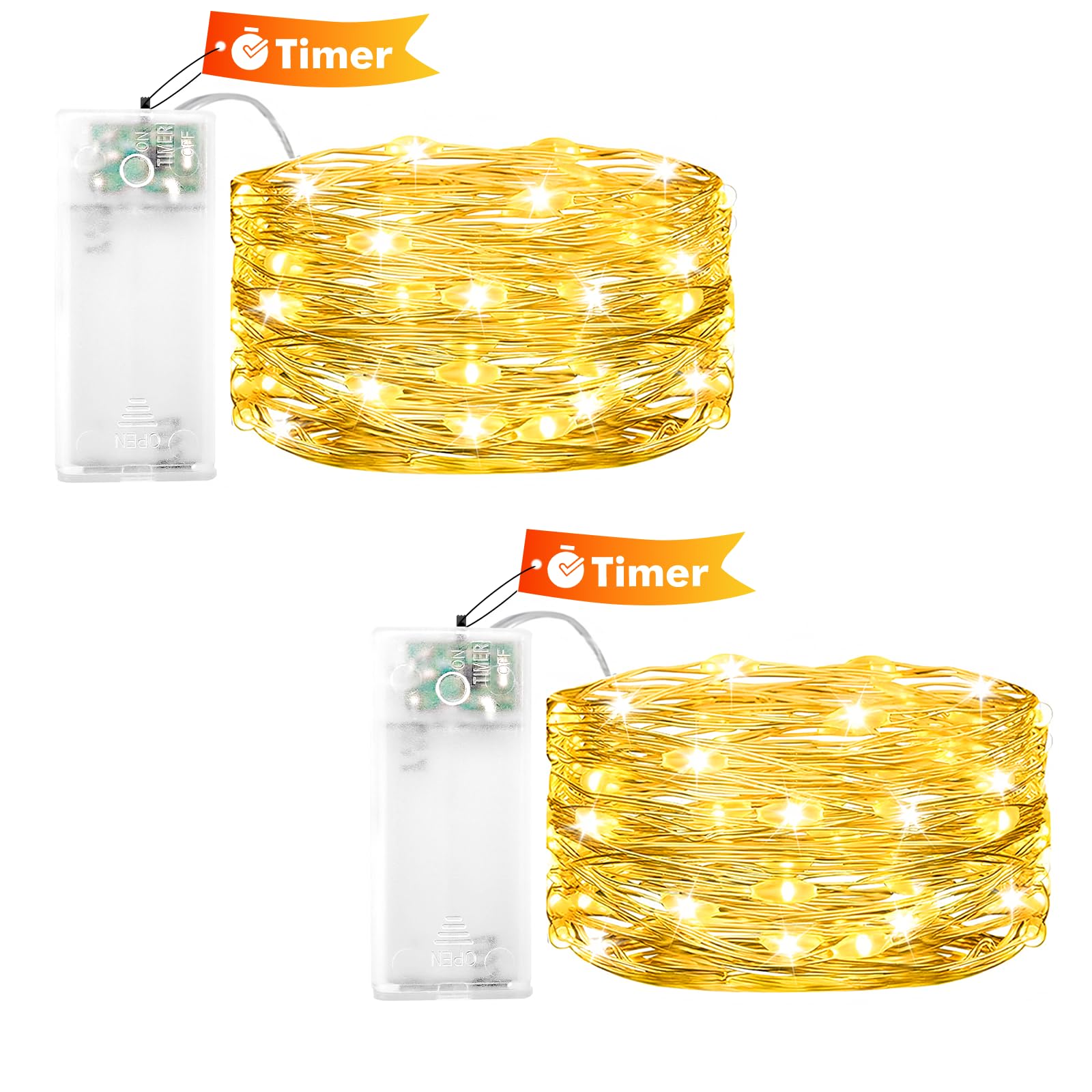 ENLACE Pack of 2 LED Fairy Lights Battery with Timer, 2 m 20 LED Micro Copper Wire Fairy Lights, Battery Operated, Warm White Fairy Lights for Christmas, Halloween, Children's Room, Wedding, Party