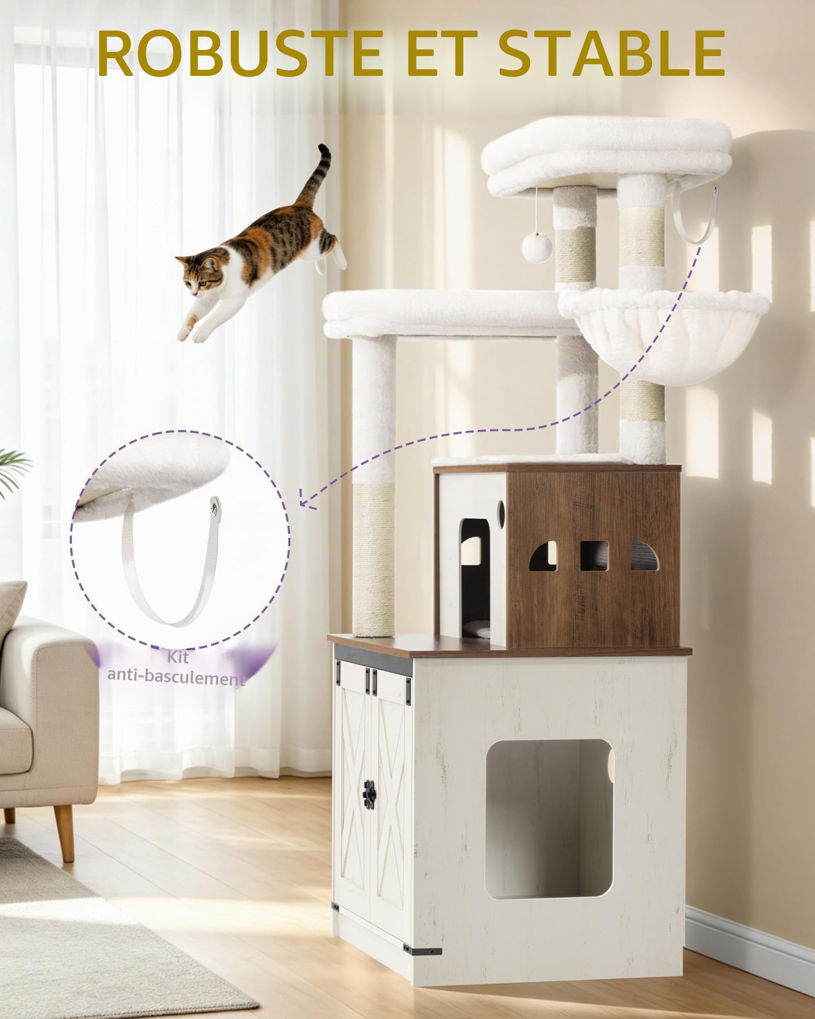 Hzuaneri Arbre à Chat avec Meuble Litiere Chat, 150cm Haut, Marron et Blanc | Coussin Lavable, Deux Grandes Plateformes, Poteau Sisal, Panier pour Chat, Maison pour Chat, Balles Peluche, CB89214WT