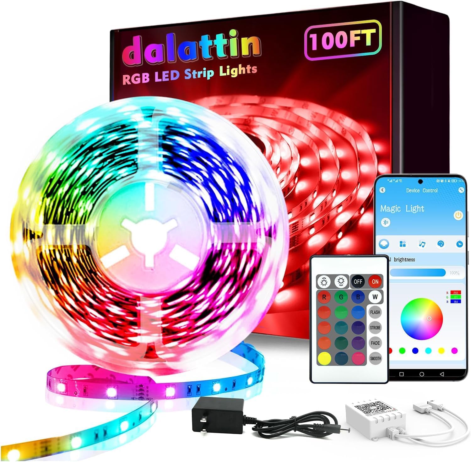 dalattin Led Lights for Bedroom 100ft, Led Lights with Remote&App Control, RGB Led Strip Lights Music Sync, Color Changing Led Lights for Room, Home Valentine Decor, 24V Power Supply, 1 Roll