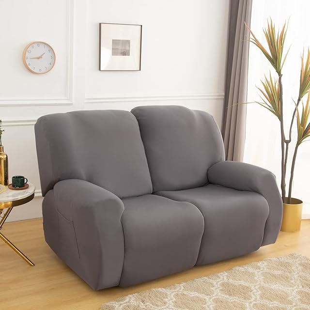 Qelus 6-Piece Recliner Slipcover Sofa Slipcover Couch Covers Stretch Armchair Cover Non-Slip Furniture Protector Elastic Spandex Soft Recliner Chair Protector with Side Pocket(2 Seater Gray)