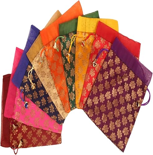 Miniatura 7 de Touchstone Preciosas bolsas de regalo reutilizables, respetuosas con el medio ambiente, con cordón grande, patrón de hojas de mimosa, brocado para