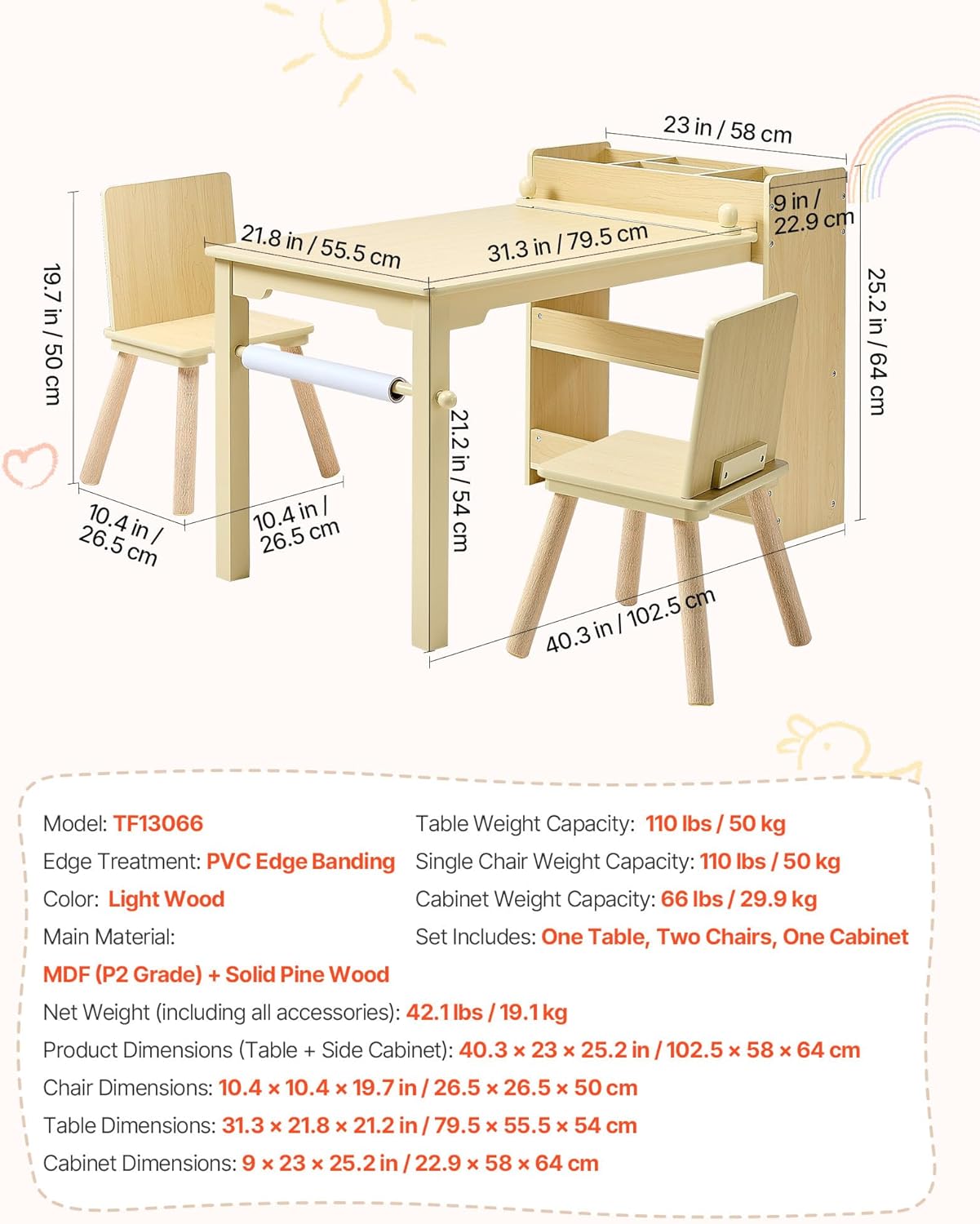VEVOR Kids Art Table and Chair Set, Toddler Craft Table with 3 Tiers Storage Cabinet, Wooden Kids Activity Play Desk with 2 Chairs, Craft Play Desk for Reading, Learning, Drawing, Writing, Light Wood