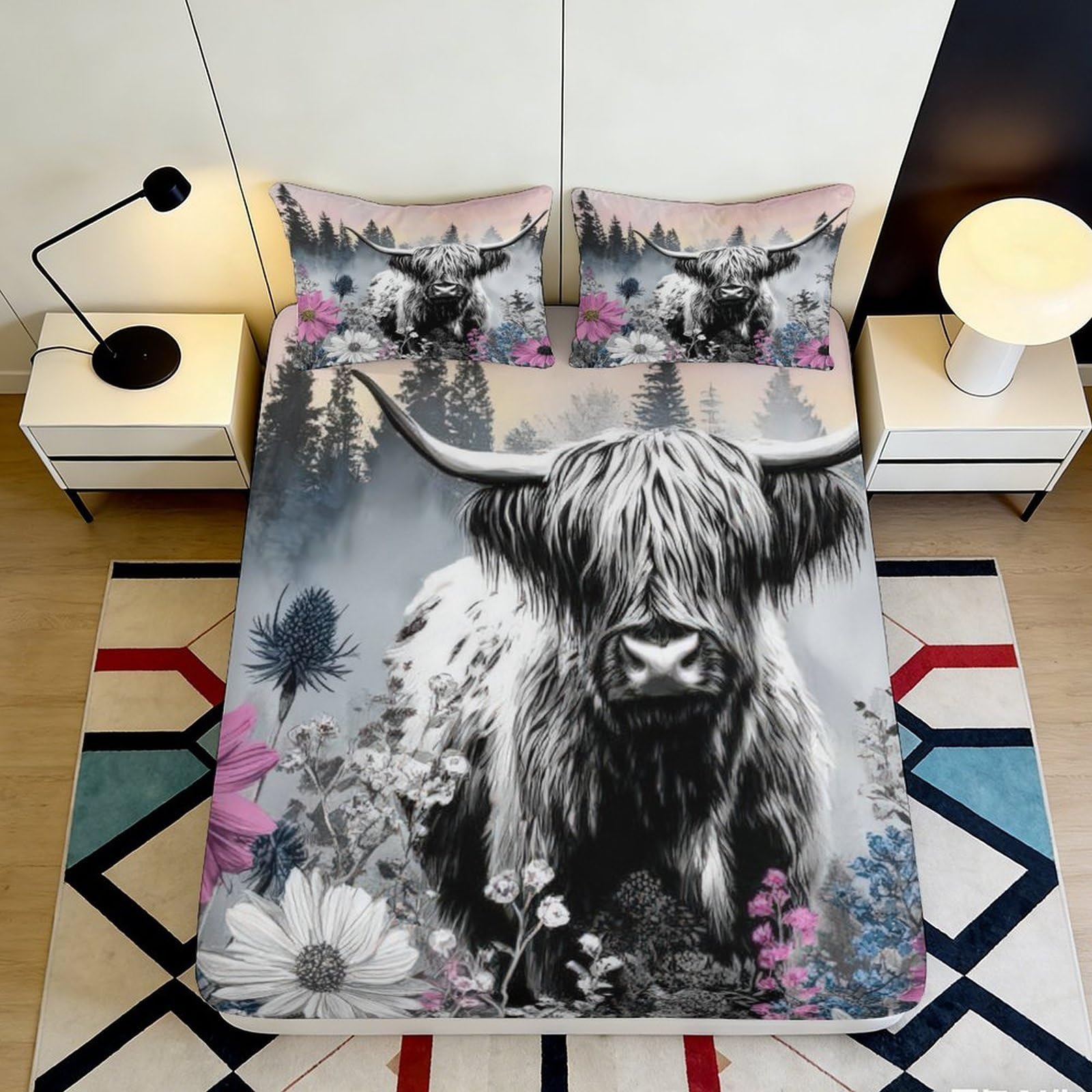 3D Printed Highland Cow Fitted Sheet Microfiber Deep Pocket Bedroom Bedding Full Wrap Cow Mattress Fitted Cover Washable 90x200x25cm