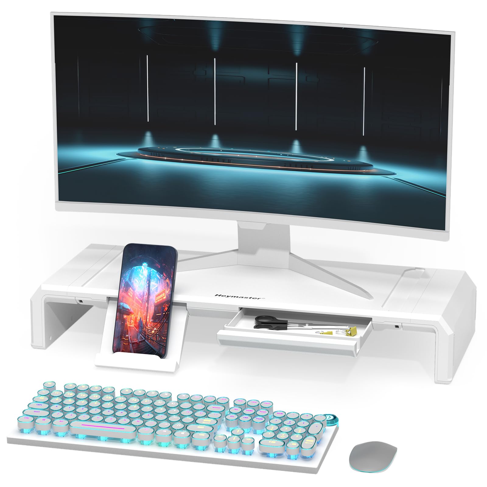 Heymaster Faltbarer Monitorständer Mit RGB-Beleuchtung – Verstellbare Höhe, Schublade & Tablet-Halter