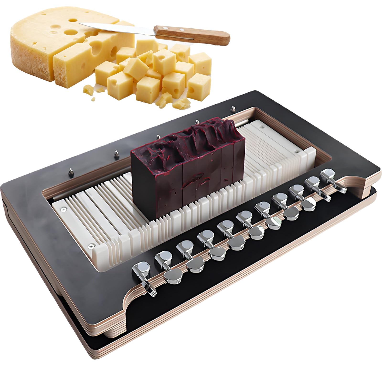 MiyKom Soap Making Supplie Thick Birch Wood Base Multi-Wire Loaf Slicer for Hard Soaps, No-Crumble Clean Cut Artisan Soap Trimming Tool with Adjustable Tension Tuning Knobs Soap Slicer
