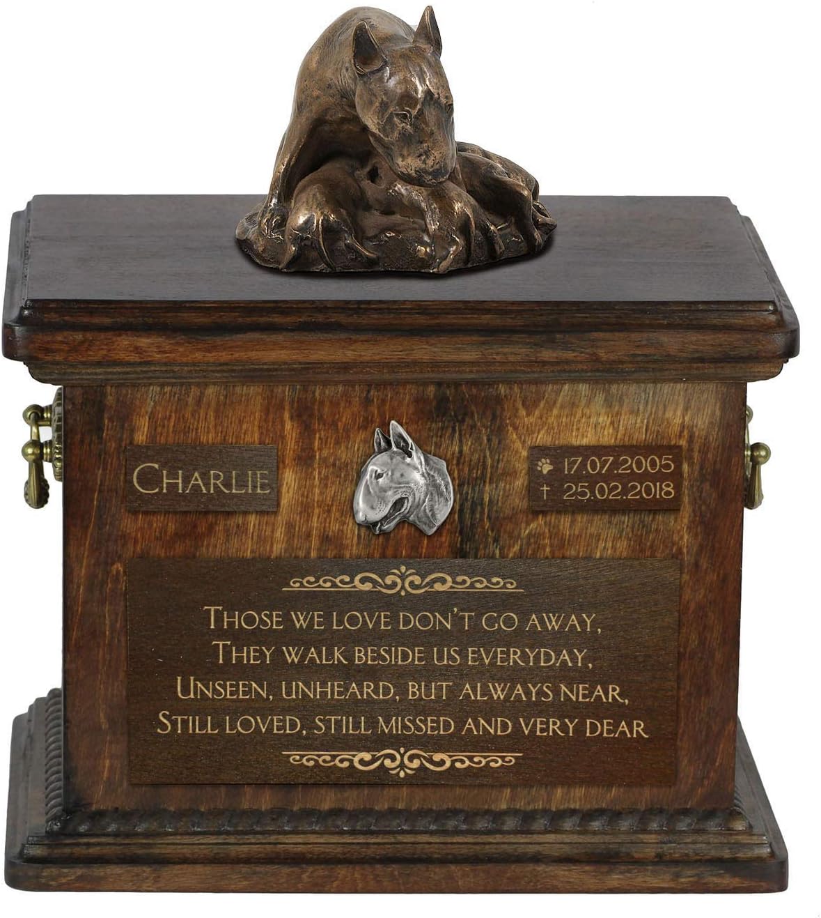 Art-Dog Custom Dog Sitting Statue Memorial Urn - Handmade Cold Cast Bronze on Birch Base – Sturdy and Stylish Urn for Dog’s Ashes – 8.3x11.4x8.7 – 5l – Bull Terrier VII