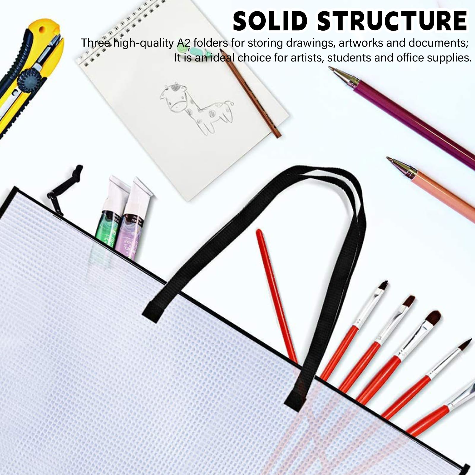 3 Stück A2 Sammelmappe: Transparent A2 Zeichenmappe, Praktisch Mappe, Robust Kunstmappe Mit Griff Und ReißVerschluss, für Prüfung und Dokumentenorganisation (63.5cmx48.26cm)