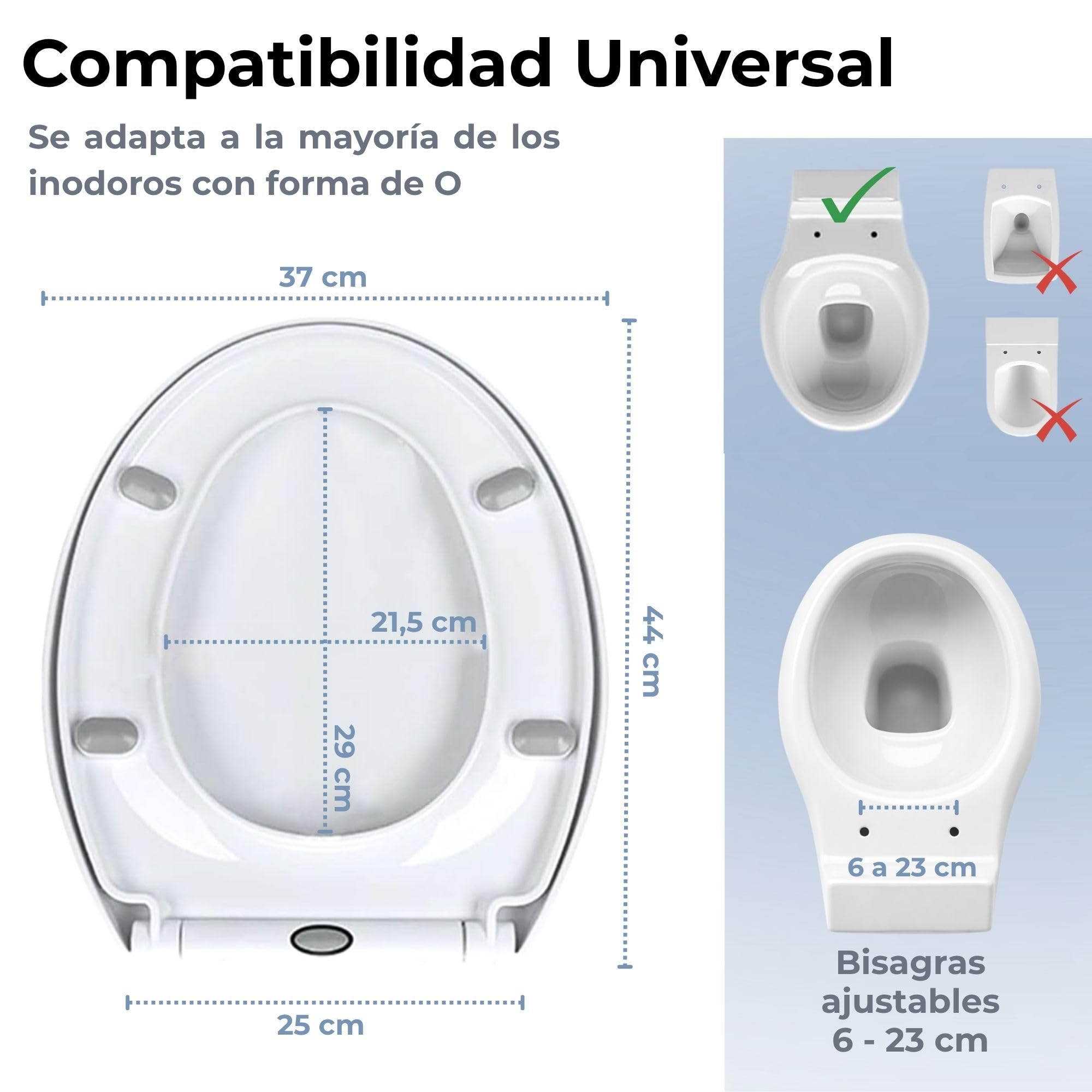 Tapa WC Universal Cierre Suave – Tapadera Blanca Compatible con Inodoros Forma O – Fácil Instalación y Limpieza – Tapa de Inodoro Silenciosa y Segura