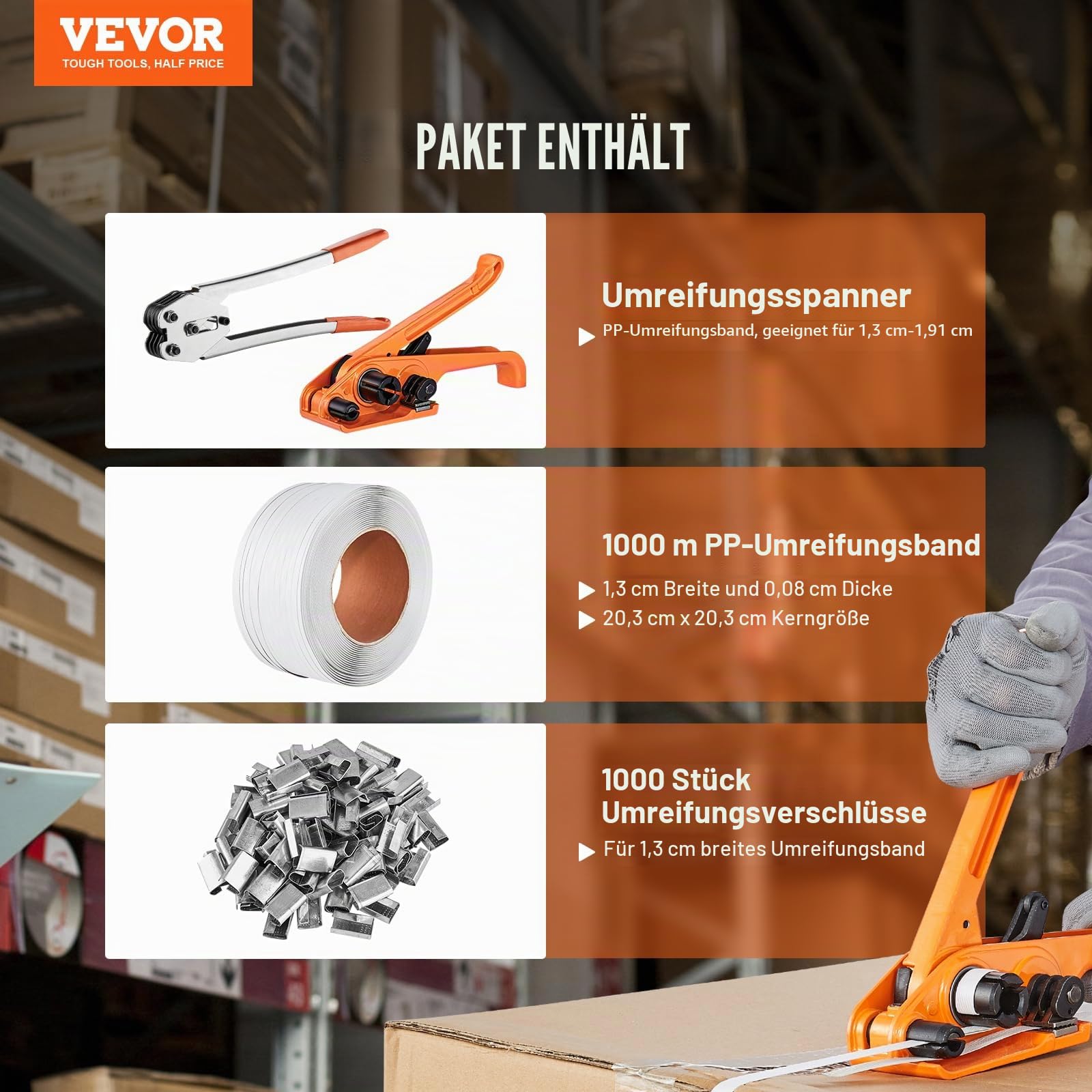 VEVOR Banding Umreifungsset mit Umreifungsspanner, Banding Sealer Tool, 1000 m langem PP-Band, 1000 Metalldichtungen, Palettenverpackungsband Umreifungsset Banding Verpackungsband zum Verpacken