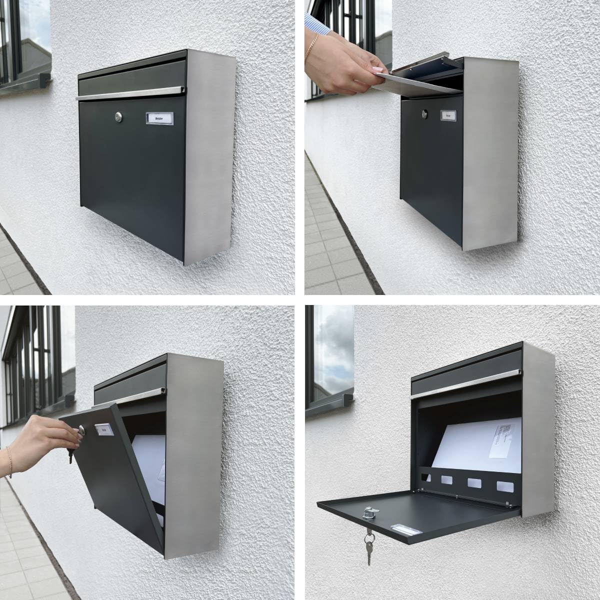 Metzler XXL dreifach Briefkasten für 3er Familienhaus aus massivem Stahl in Anthrazit RAL 7016 - mit austauschbarem namensschild - Wandmontage - 780 x 687 x 116 mm - Vertikal Bk212