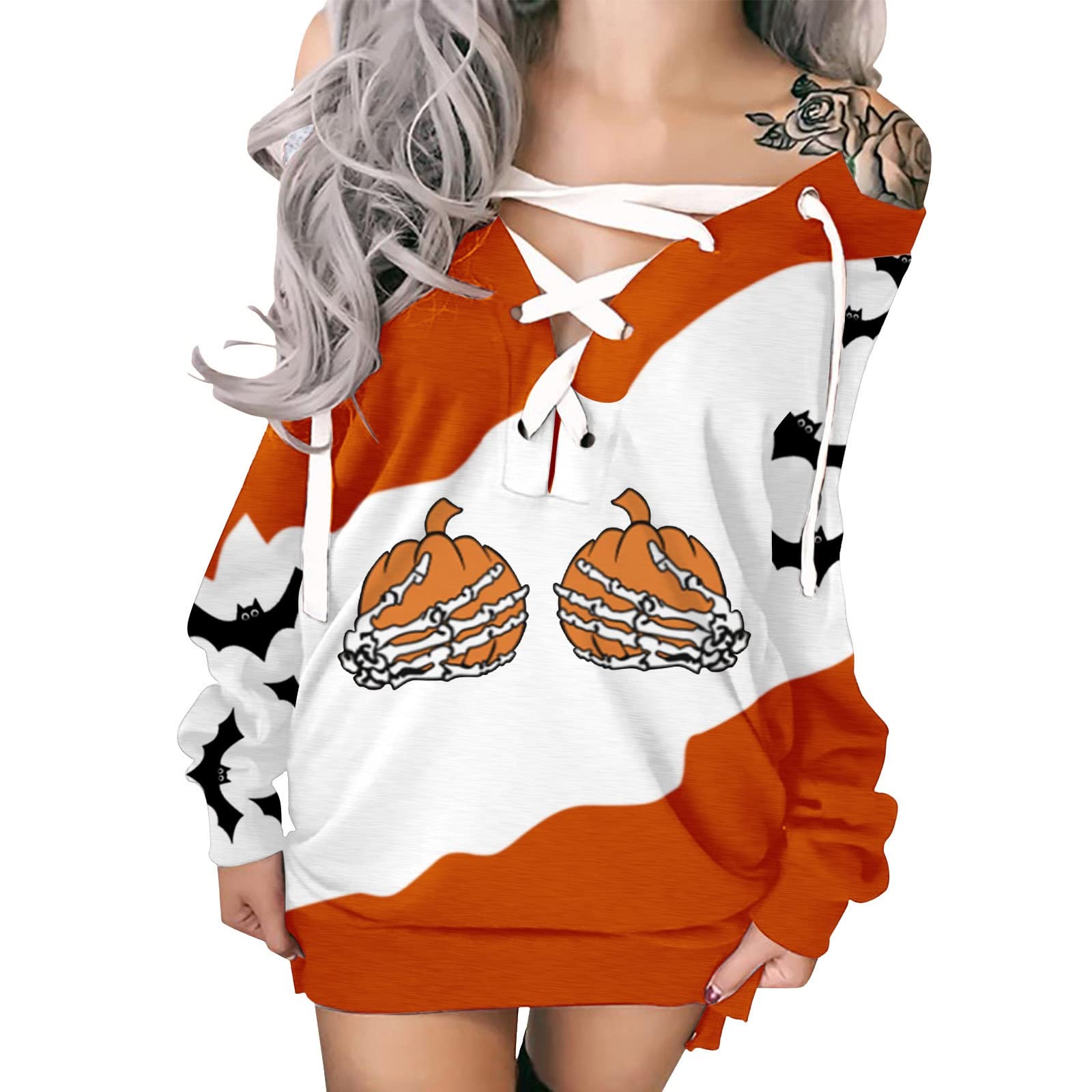 JOFOW Dress for Women Halloween Prints Sweatshirt Dress Off Shoulder Strappy Long Sleeves Loose Casual Women Dresses