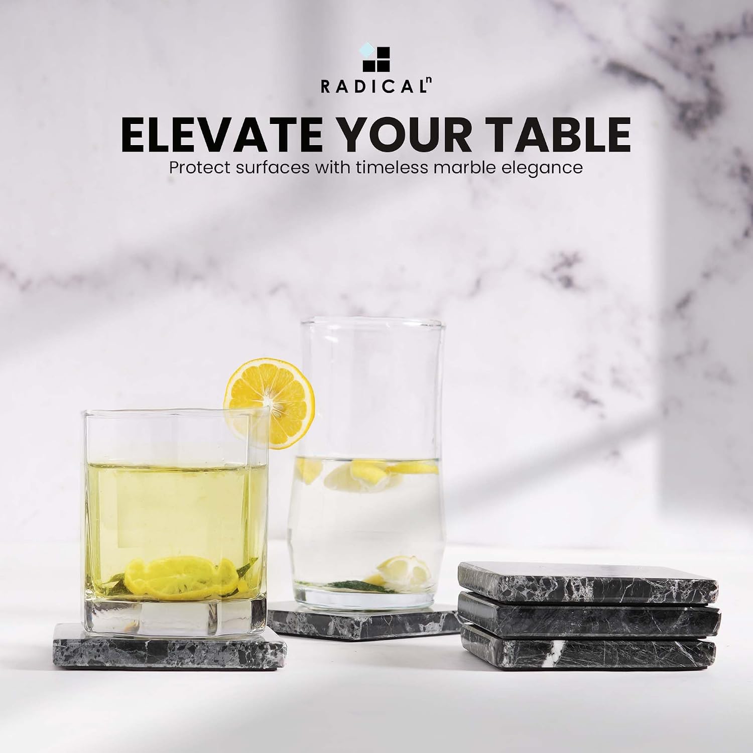 Radicaln Square Marble Stone Coasters Set of 6 - Black Drink Coasters image 3