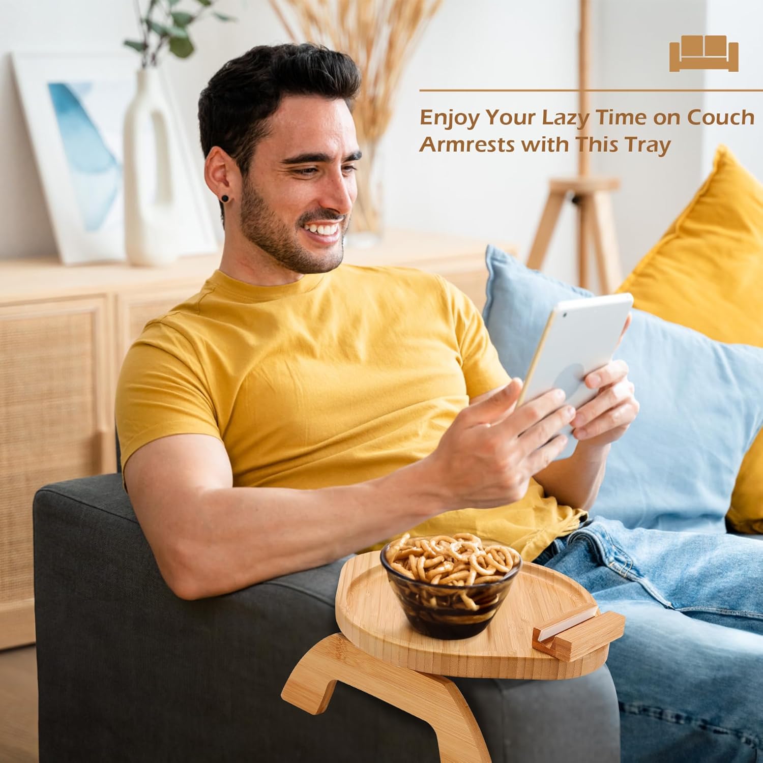 SINWANT Couch Arm Table, Bamboo Round Sofa Clip on Tray with 360° Phone Holder,Foldable Couch Armrest Table Eating on Chair Recliner for Snack Drink