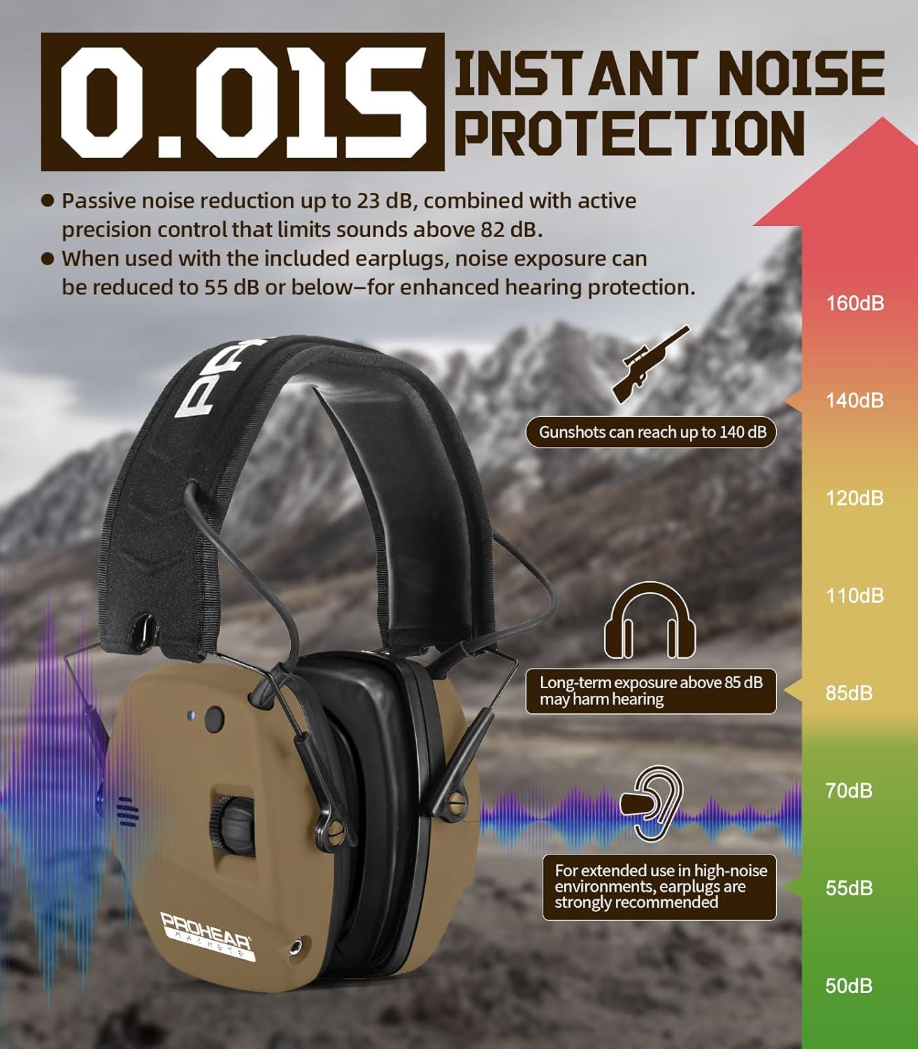 PROHEAR 030 Bluetooth Shooting Ear Protection with Gel Pads, Slim Noise Cancelling Earmuffs, NRR 22dB for Hunting & Tactical Gun Range - BROWN - Image 3