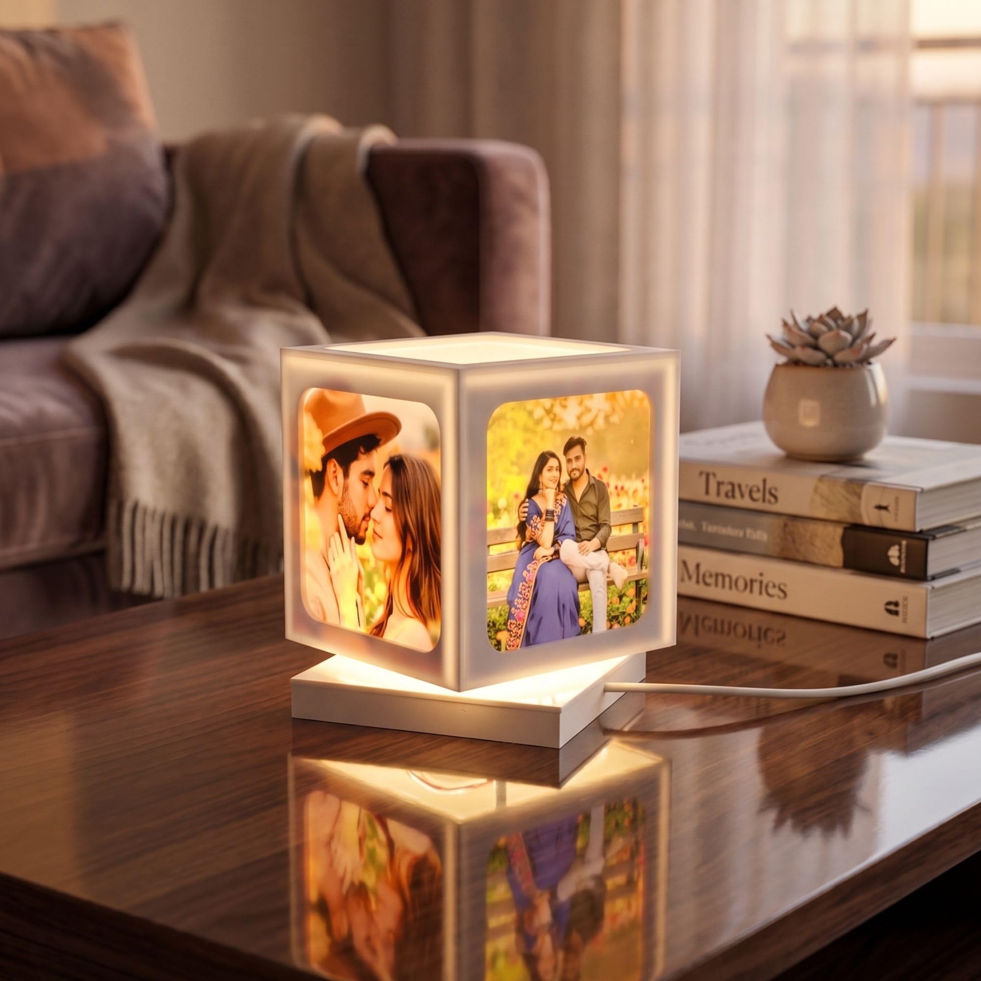 Customized Rotating Photo Cube with Dual USB Charger | Personalized Photo Night Light Lamp, Gift for Anniversary & Birthday, Bedroom, Living Room, Home Decor (White -1)-image-17