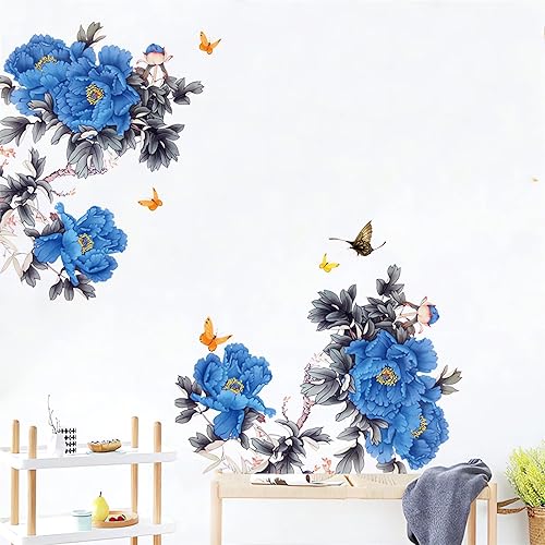 Miniatura 4 de Calcomanías de pared de flores de peonía azul, diseño floral de flores grandes, estilo chino, vinilo extraíble para sala de estar, dormitorio,