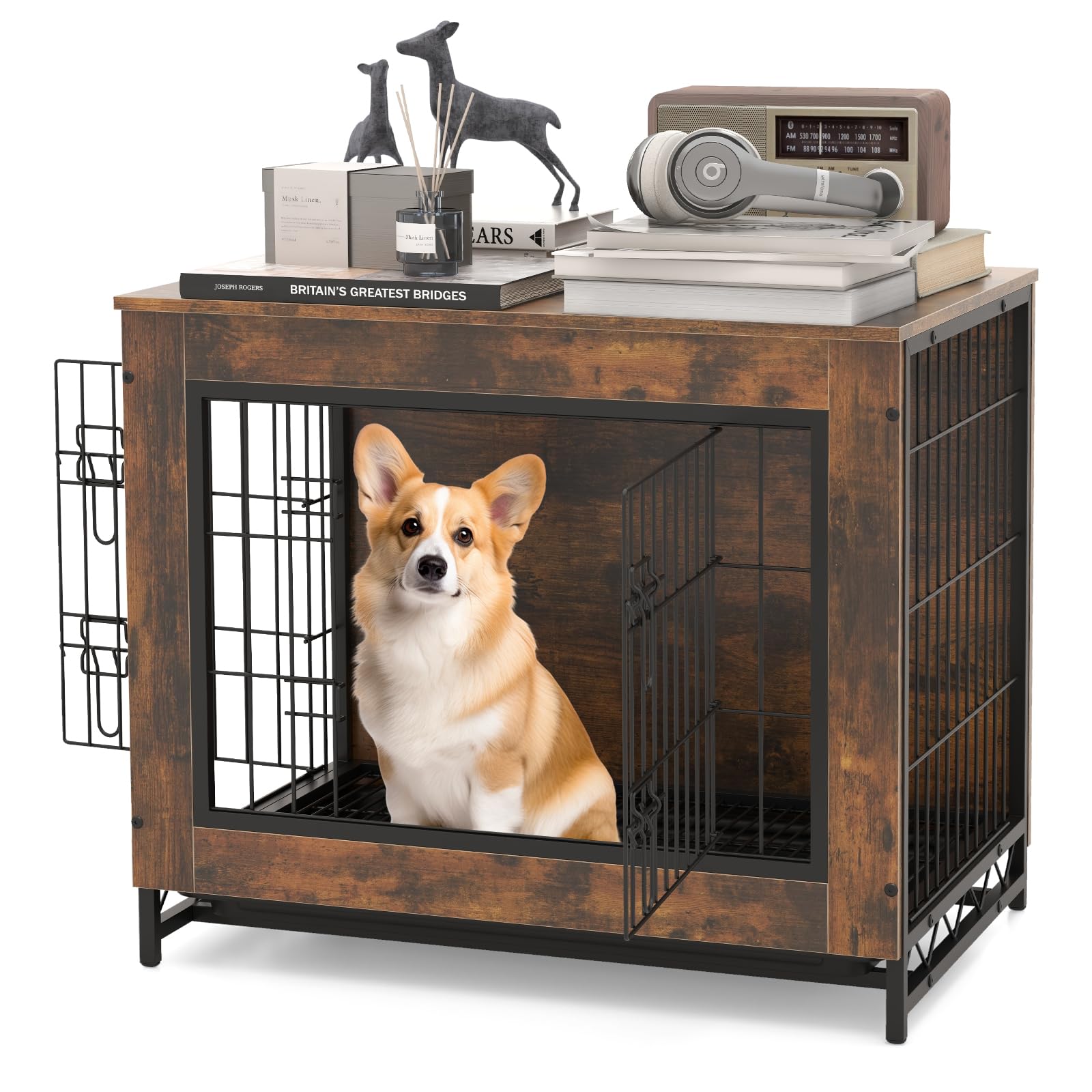 PETSITE Industrial Dog Crate Furniture with Removable Tray, Wooden Dog Crate with Double Doors, Dog Furniture End Table, Dog Kennel Indoor for Small