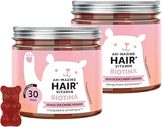 Biotina Gummies Ah-mazing Hair – Integratori per Capelli – Formula Potenziata – 10.000 µg di Biotina, Zinco, Vitamina B6, C, E e Iodio – Pack 2x30 (2 Mesi), Vegane, Senza Zucchero, Bears with Benefits