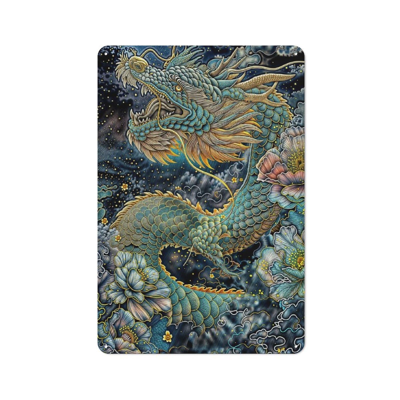 Vintage Metal Plaque 30x20cm Featuring Eastern Dragon, Diner Style Decor for Restaurant, Kitchen, Counter Or Breakfast Nook