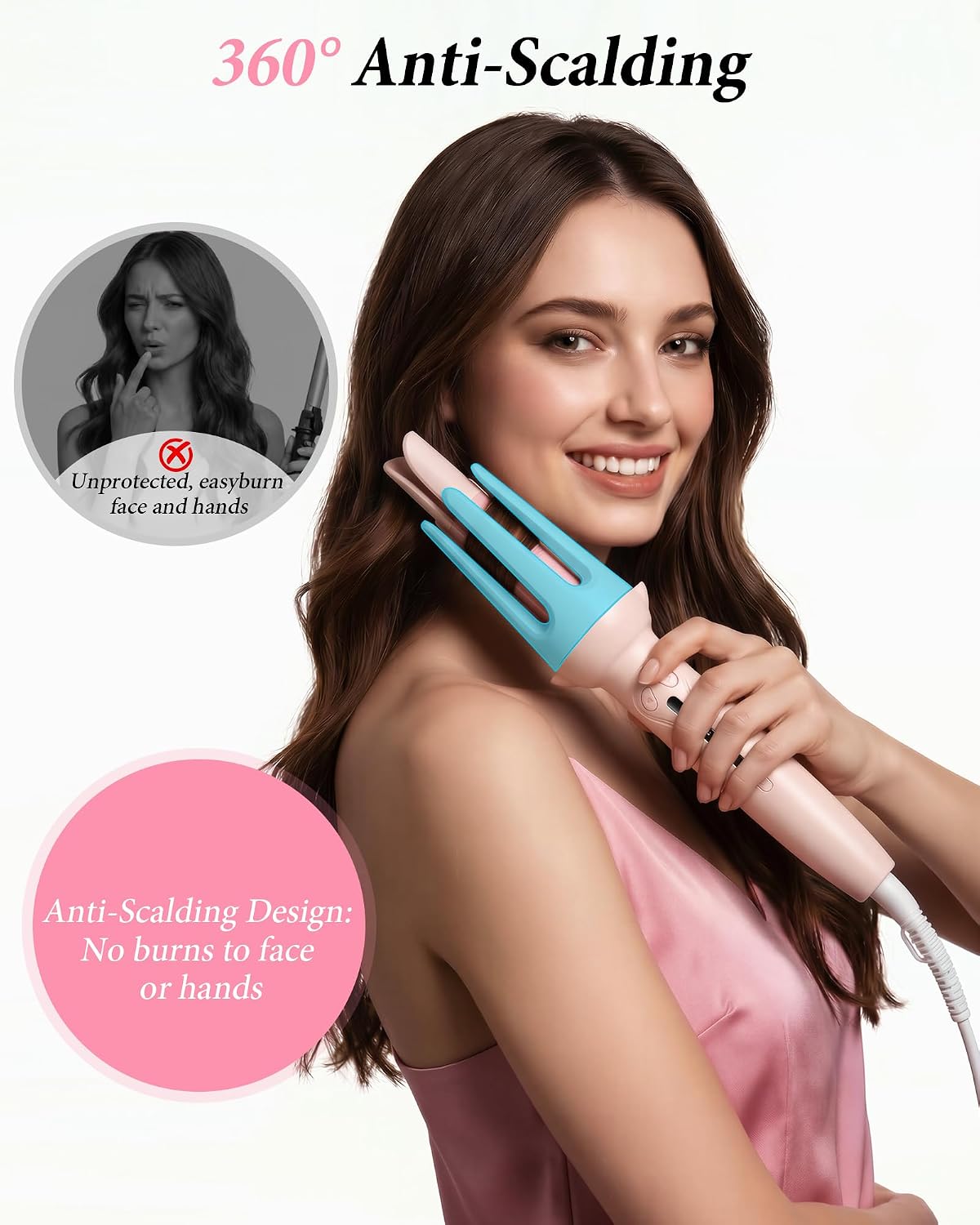 Auto Hair Curler, 3 in 1 Portable Automatic Curling Iron Set(1" + 1.25") & Straightening Brush, Rotating Ceramic Curler, 3 Temp and Timer Reminder, Dual Voltage, Anti-Tangle and Scalding(Pink)