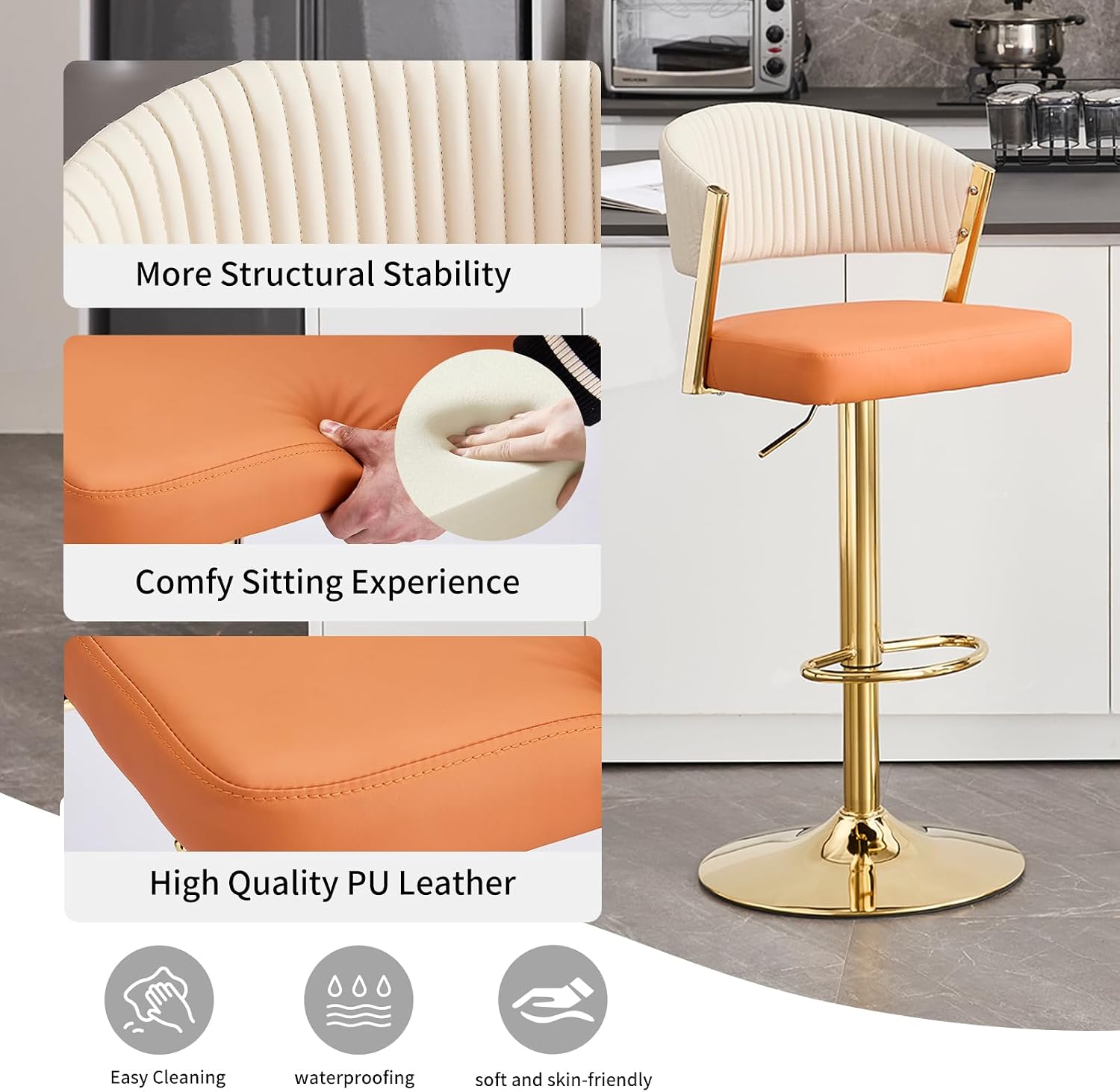 VipDesk Bar Stools Set of 2, Adjustable Swivel Counter Height Bar Stools with Back and Footrest, PU Leather Bar Chairs for Kitchen Dining Room, Orange