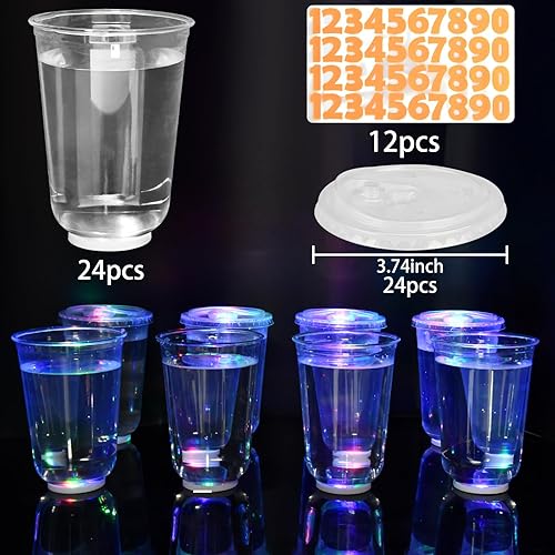 Miniatura 6 de Juego de 24 tazas de fiesta brillantes para decoración de cumpleaños, tazas iluminadas de 16 onzas, tazas multicolor que brillan en la oscuridad con