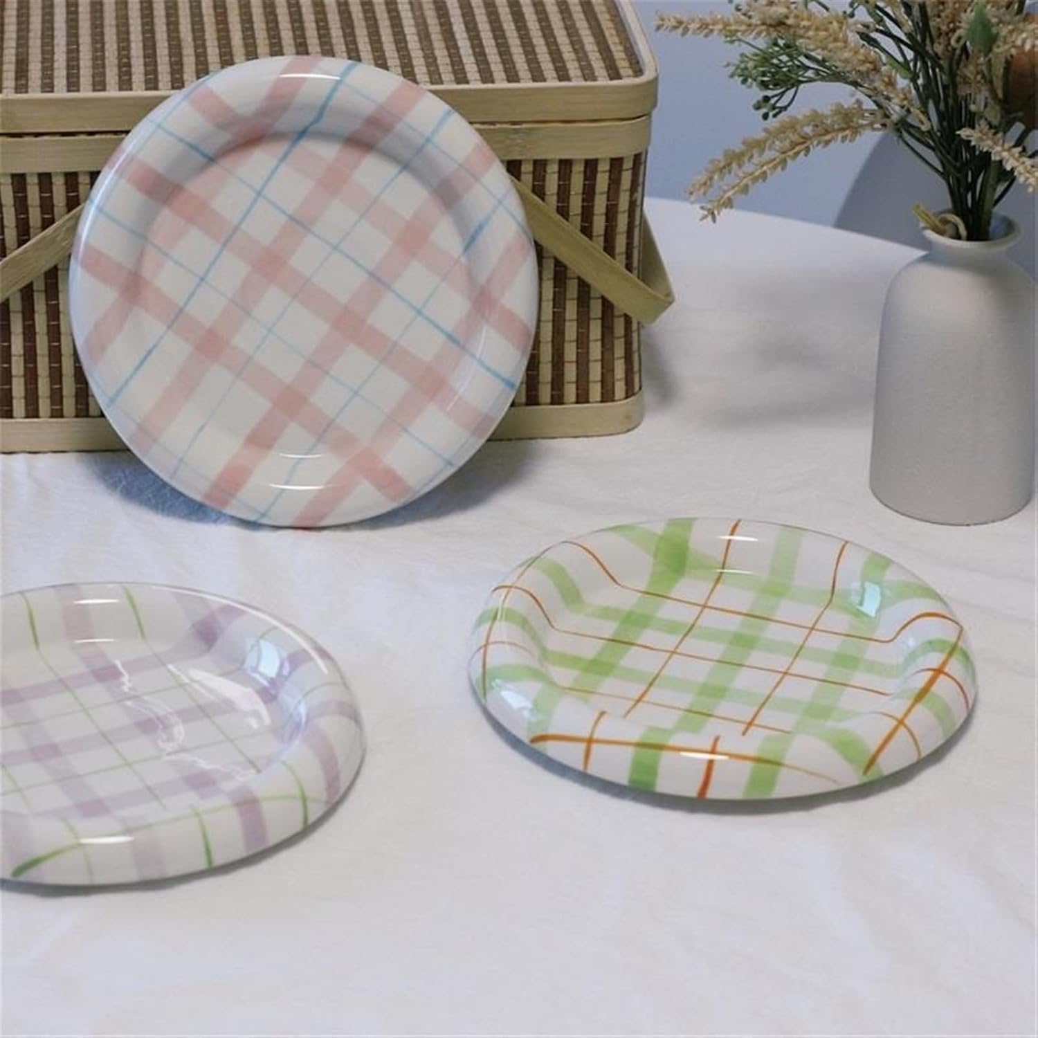 Dinner Plate Set 8 Inch Home Ceramic Plates, Checked Plate, Graffiti Plate, Cheap Breakfast Dessert Plate, Fruit Plate for Kitchen Restaurant Creative Ceramic Plate (Colour: 2)