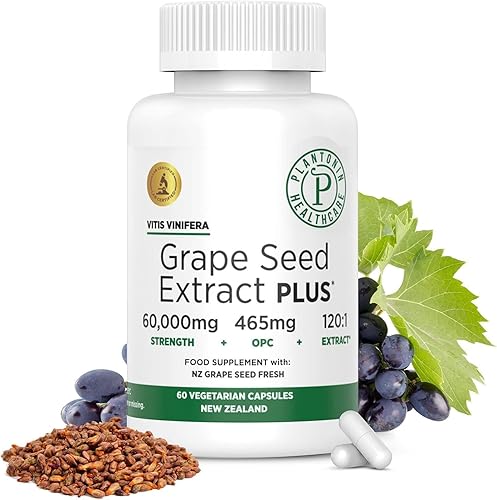 Extracto de semilla de uva Plus-Vitis Vinifera (60 cápsulas) - 60.000 mg de fuerza, 60 cápsulas veganas, 465 mg de polifenoles (proantocianidinas),