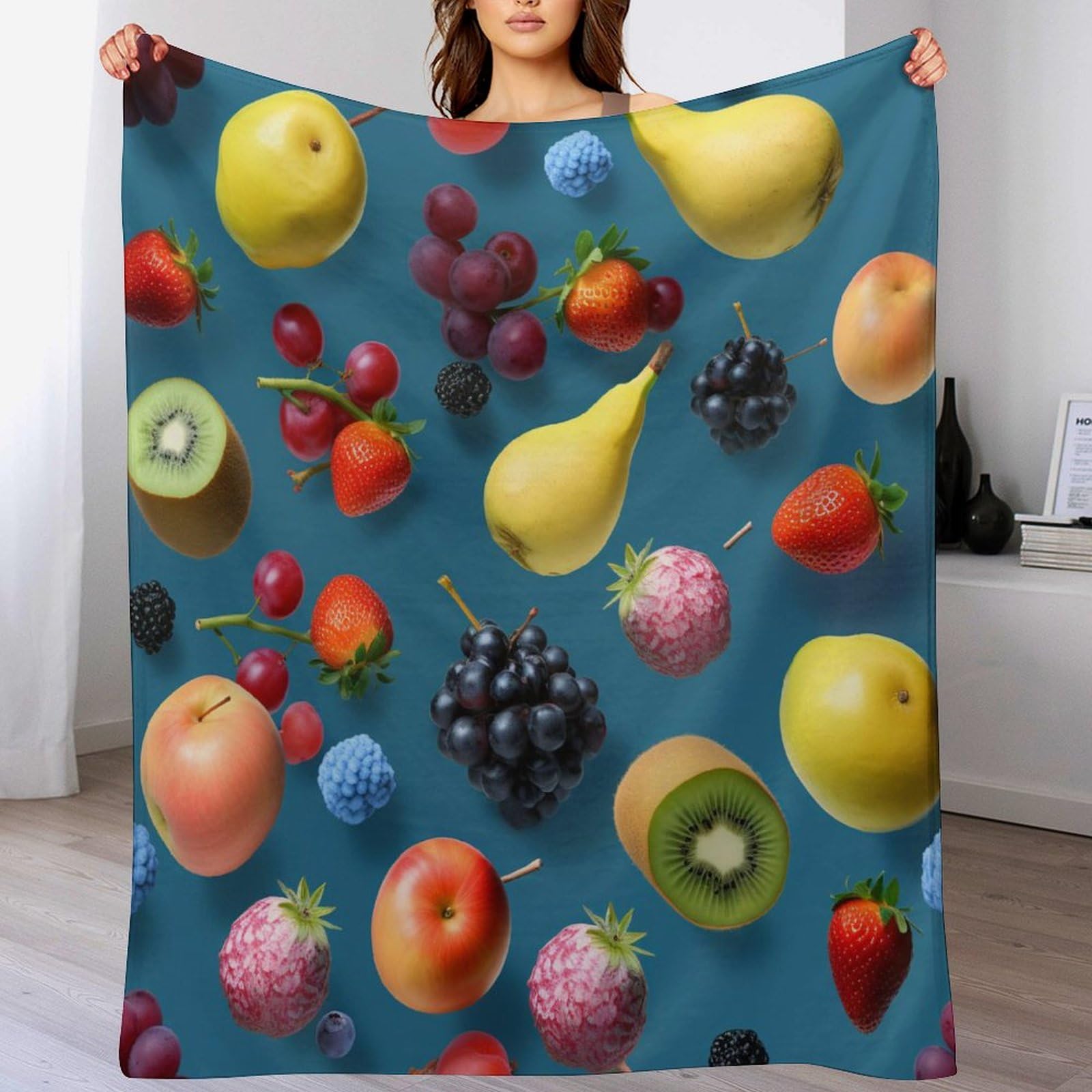 Manta cálida de frutas que abraza a tu familia en el sofá del salón