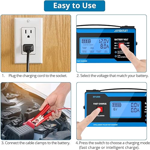 Miniatura 3 de AUTOUTLET Cargador de batería de 8 voltios, cargador de batería automotriz y mantenedor de 0-10 A con abrazaderas de cable mejoradas para baterías