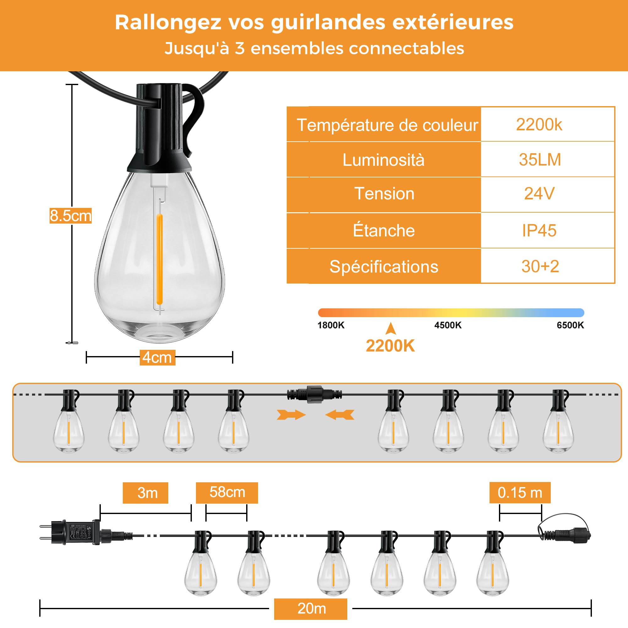 HeiPard Guirnalda Luces Exterior 20m Control Remoto, 30+2 Bombillas LED, IP45 Luces LED Exterior para Jardín, Terraza, Patio