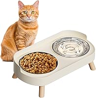 HIAIEVIY Elevated Raised Cat Bowls - Splash-Proof Stainless Steel 2-Bowl Set for Cats & Puppies, Whisker Fatigue Relief, Dishwasher Safe - White