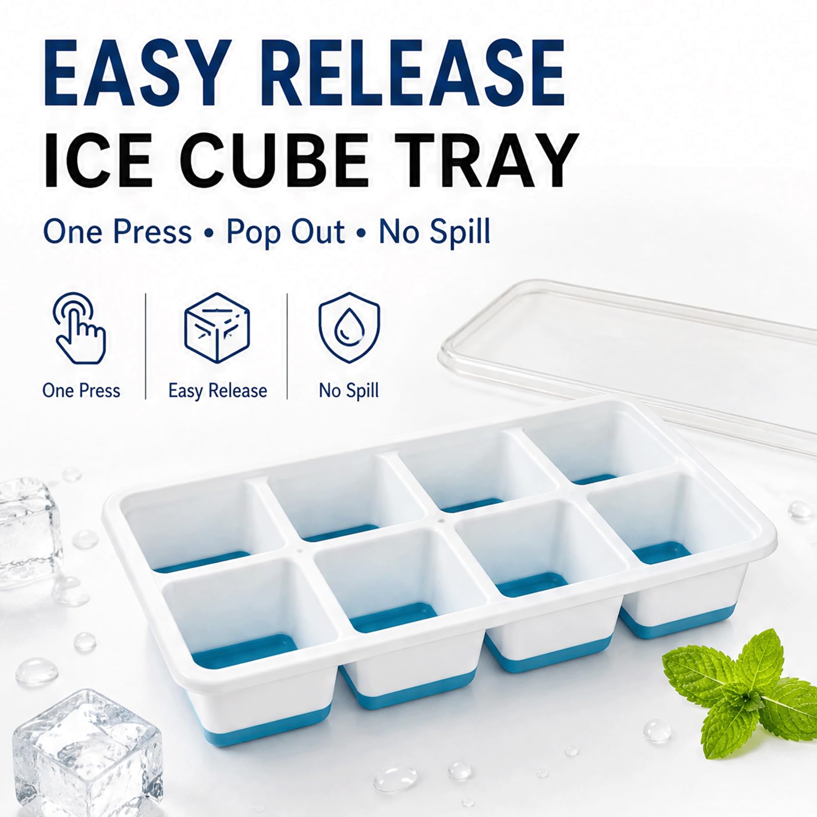 Bandeja de silicona para cubitos de hielo con tapa, bandejas apilables cubiertas para congelador, molde de hielo inferior suave de fácil liberación con tapa a prueba de fugas, bandeja flexible sin