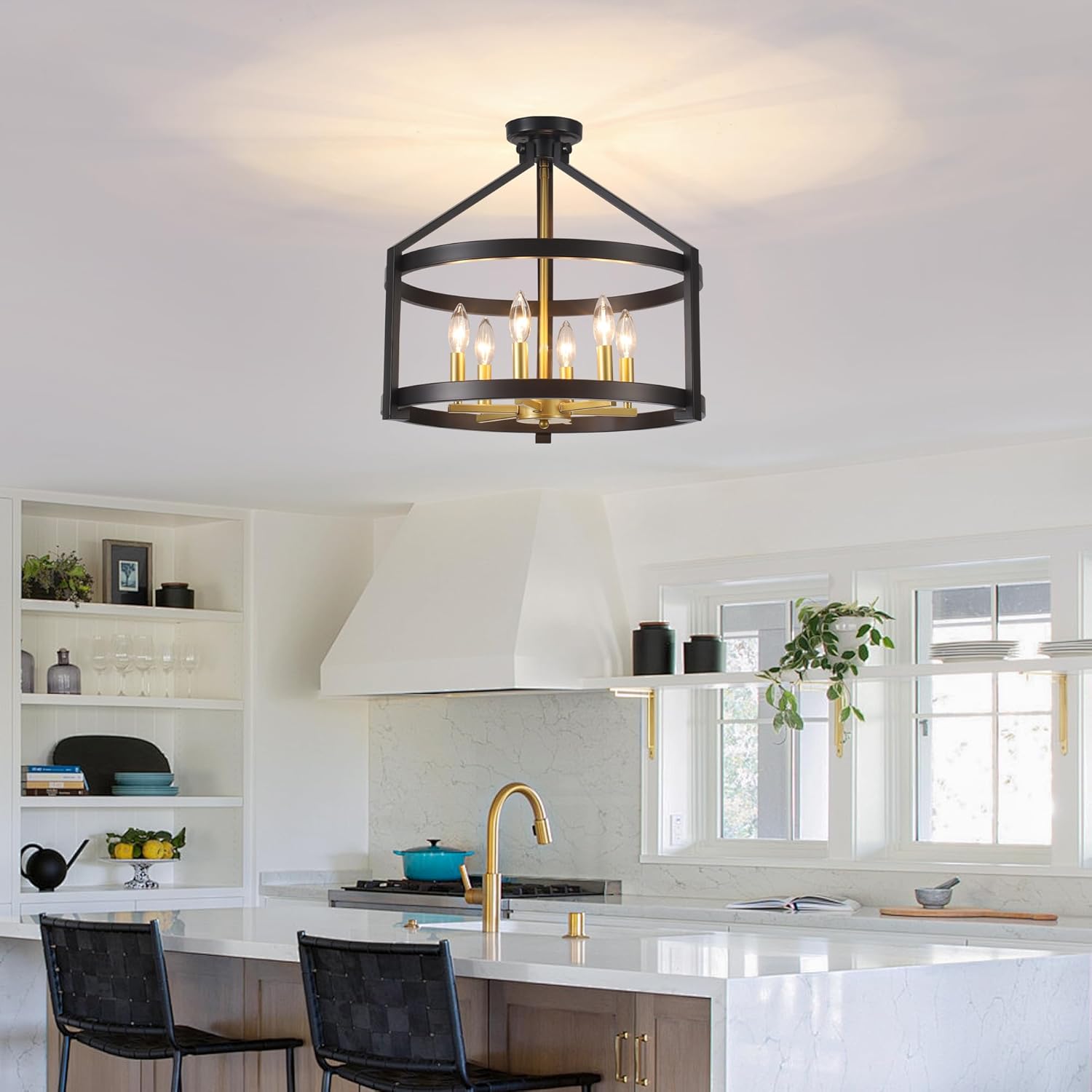 6-Light Modern Farmhouse Chandelier, Black and Gold Semi Flush Mount Ceiling Light Fixture Convertible Hanging Pendant Lights, Rustic Vintage Chandeliers for Dining Room Foyer Kitchen Bedroom Entryway