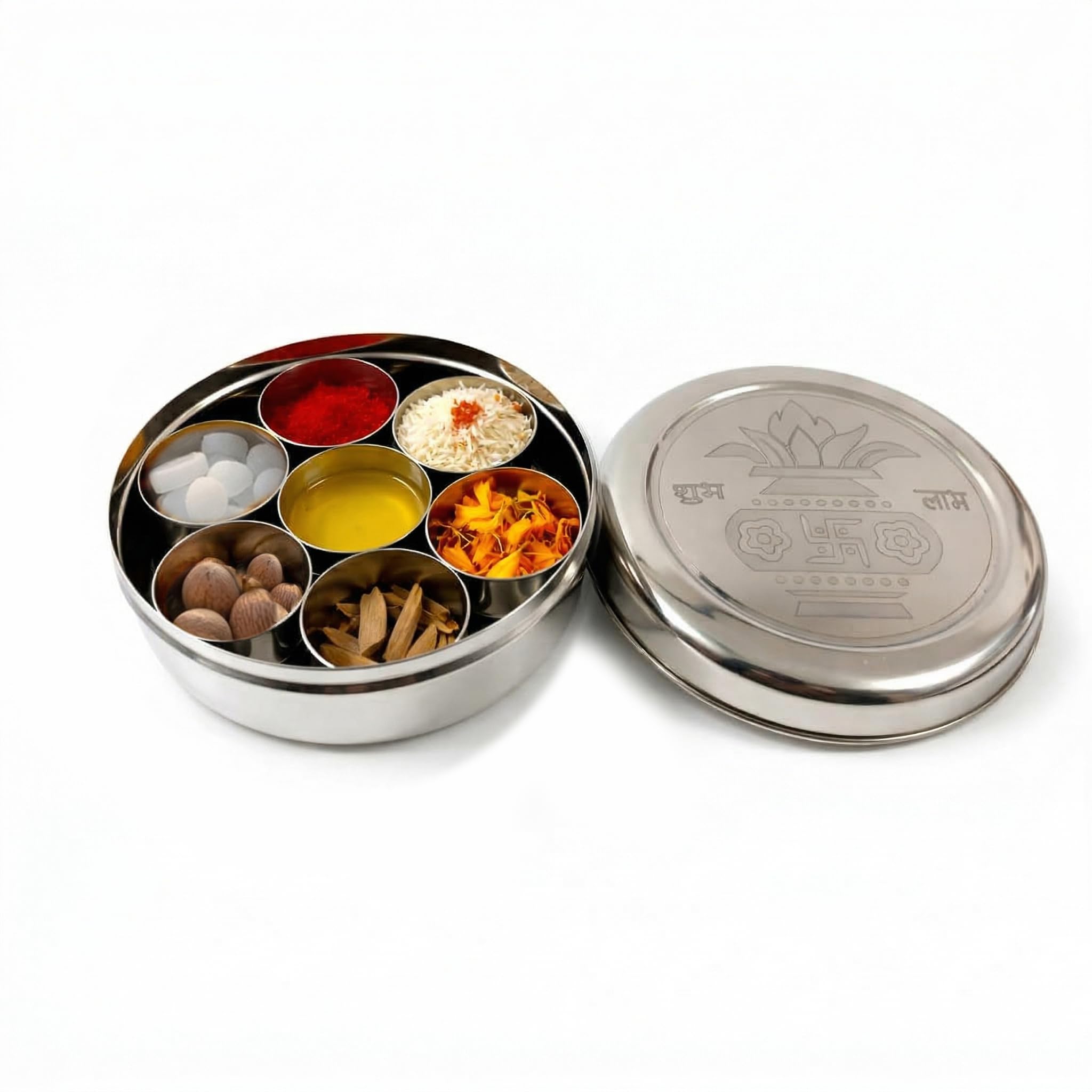 F Studio Stainless Steel Round Pooja Box with 7 Containers | Compact Puja Samagri Storage Box | Durable Steel Sindoor Kumkum Chawal Box | 11 cm-image-38