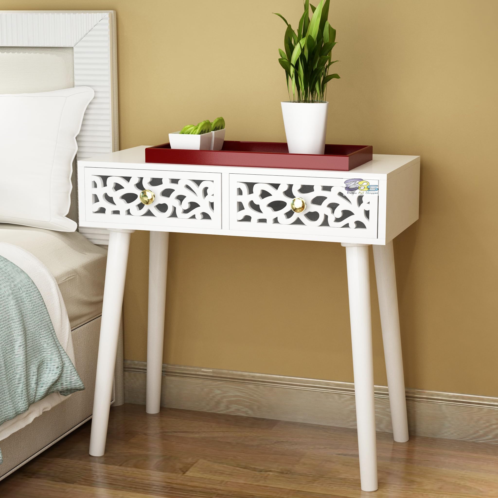 Dime Arts Shoppee Engineered Wood Bed Side Table With 2-Drawer Nightstand, Carved Drawer Design Accent Or End Table With Storage With Carving Design (White-New)