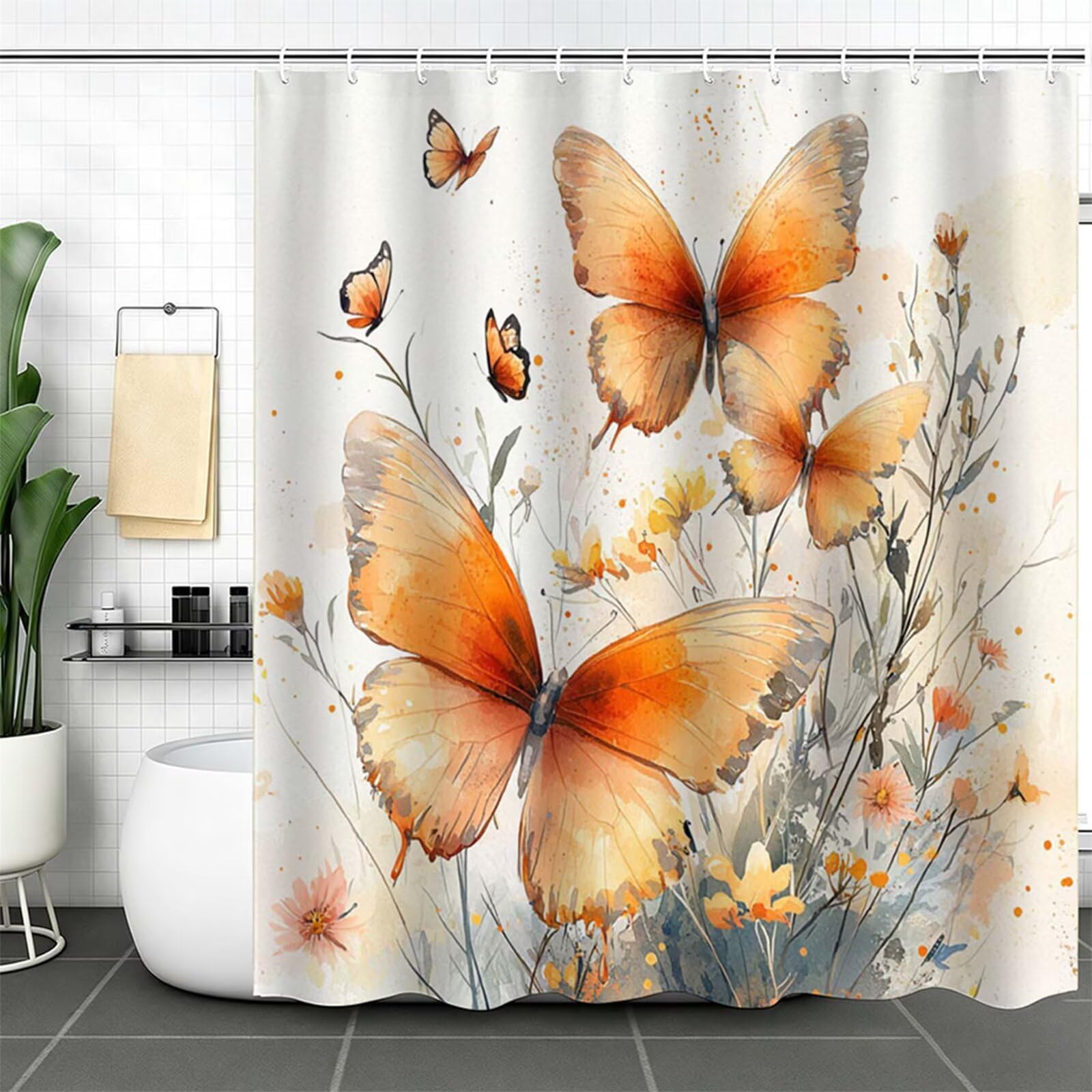 arancione Tenda Doccia 180x180cm,Tenda per Doccia Tessuto Poliestere Impermeabile Asciugatura Rapida 12 Anelli,Tende Finestra Bagno e Vasca Pieghevole per Angolare Casa Shower Curtain Farfalla J-508