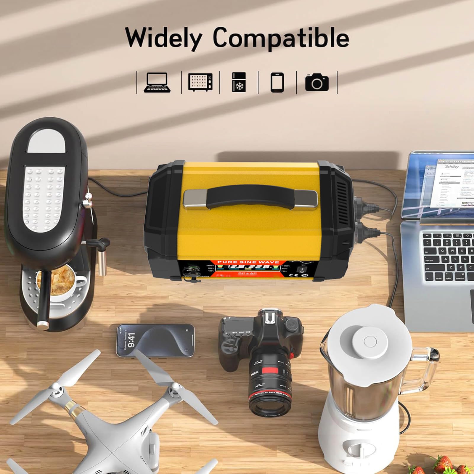 Drfeify Falownik Samochodowy Przetwornica Mocy o Czystej Fali Sinusoidalnej 800 W 12 V do 220 V ABS z Wyświetlaczem LCD 2 Gniazda 2 Porty USB Porty Szybkiego ładowania do Podróży Pojazdem Użytku na