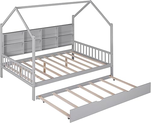 Miniatura 4 de Merax Sofá cama Montessori multifuncional de madera con nido y estante Storge cama de día bajo para niños y niñas no necesita somier color gris