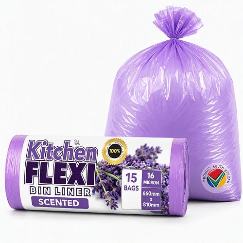 Flexi Scented Kitchen Refuse Bags – Strong Kitchen Bin Liners, Odour Control Waste Bags, 660mm x 810mm, 16 Micron Thickness, 15 Bags per Roll