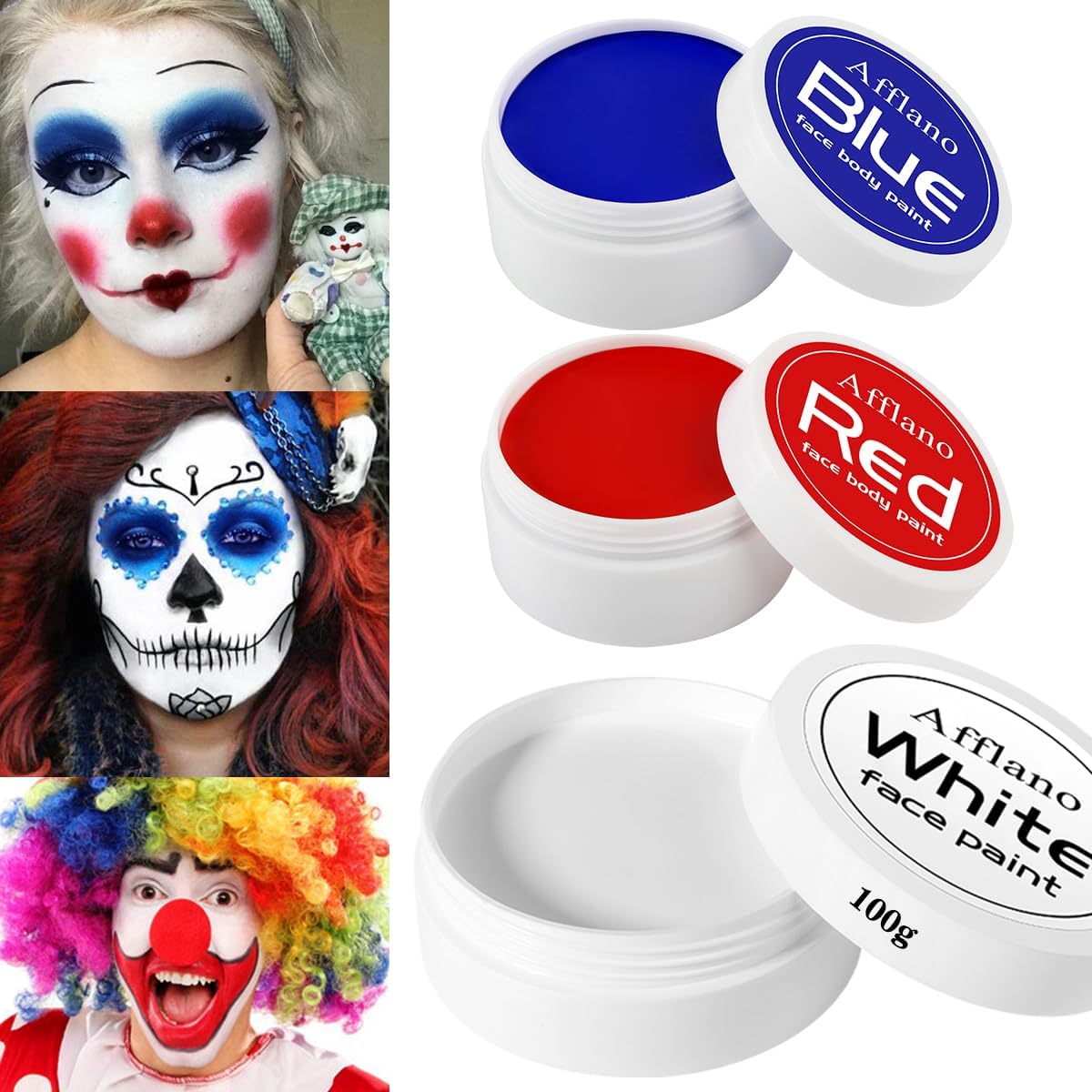 Blue Body Paint 4th of July Face Painting 200g, Afflano Joker Clown Makeup Red White and Blue Face Paint Kit, Pride Face Painting for USA Flag SFX Skeleton Halloween Makeup Eye Black Football Sport