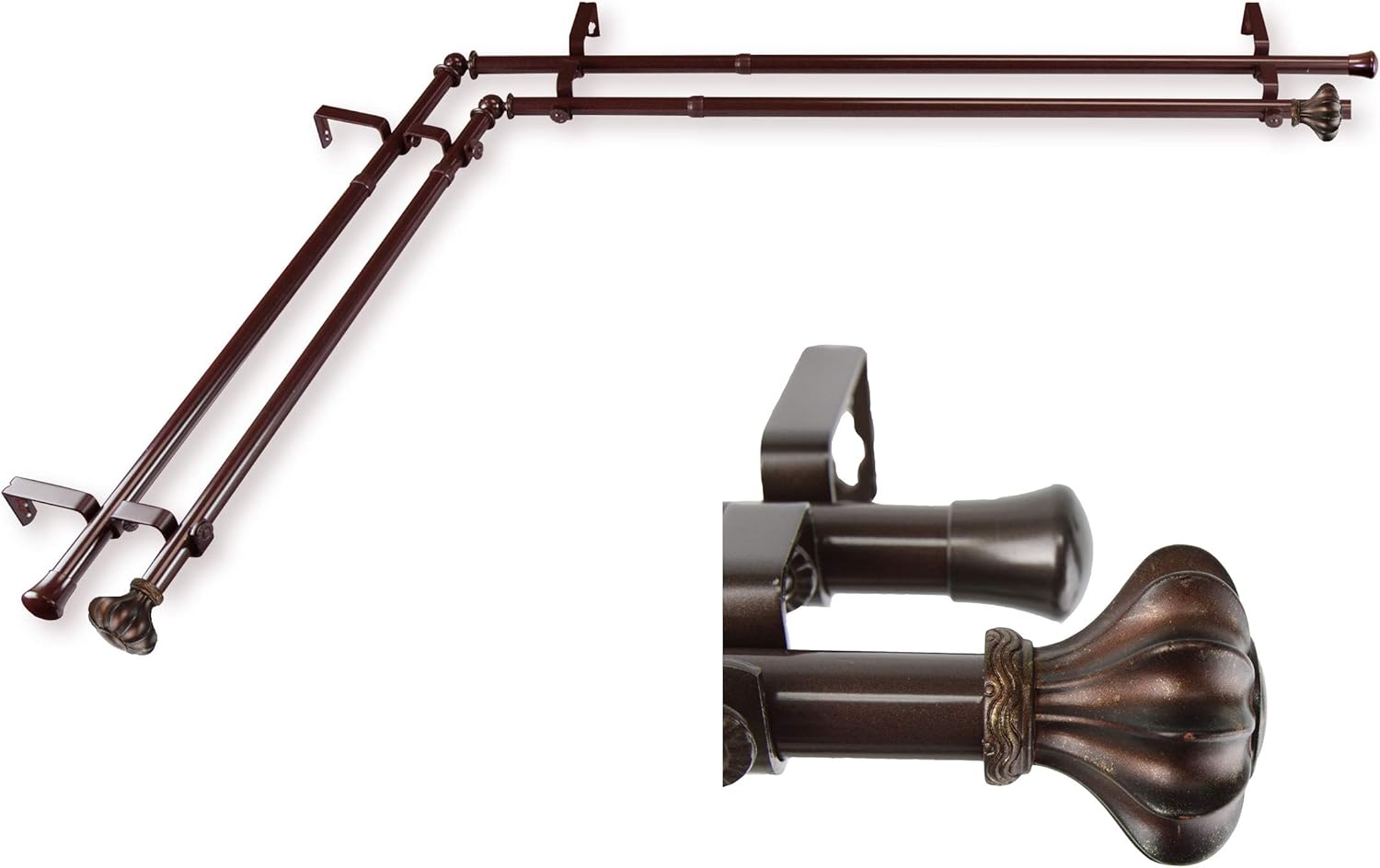 A&F Rod Decor - Earl 13/16" Corner Window Double Curtain Rod 28-48" - Antique Brass