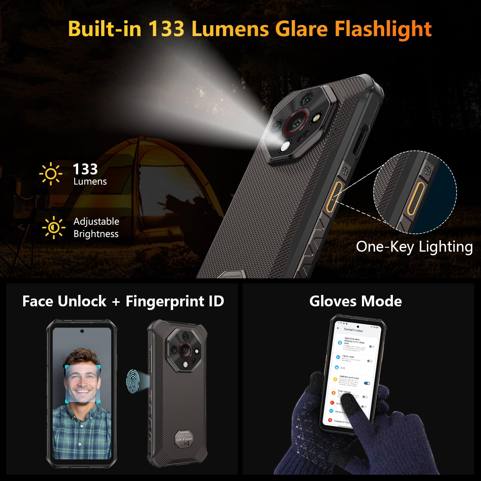 Ulefone Armor X16 Rugged Smartphone Android 15, 12GB+128GB/SD-2TB, 48MP+16MP+20MP Visione Notturna con 133LUM Torcia Abbagliante 6.56" 10360mAh Helio G91, 3-Slots/Face ID/Fingerprint/GPS/OTG/NFC Nero