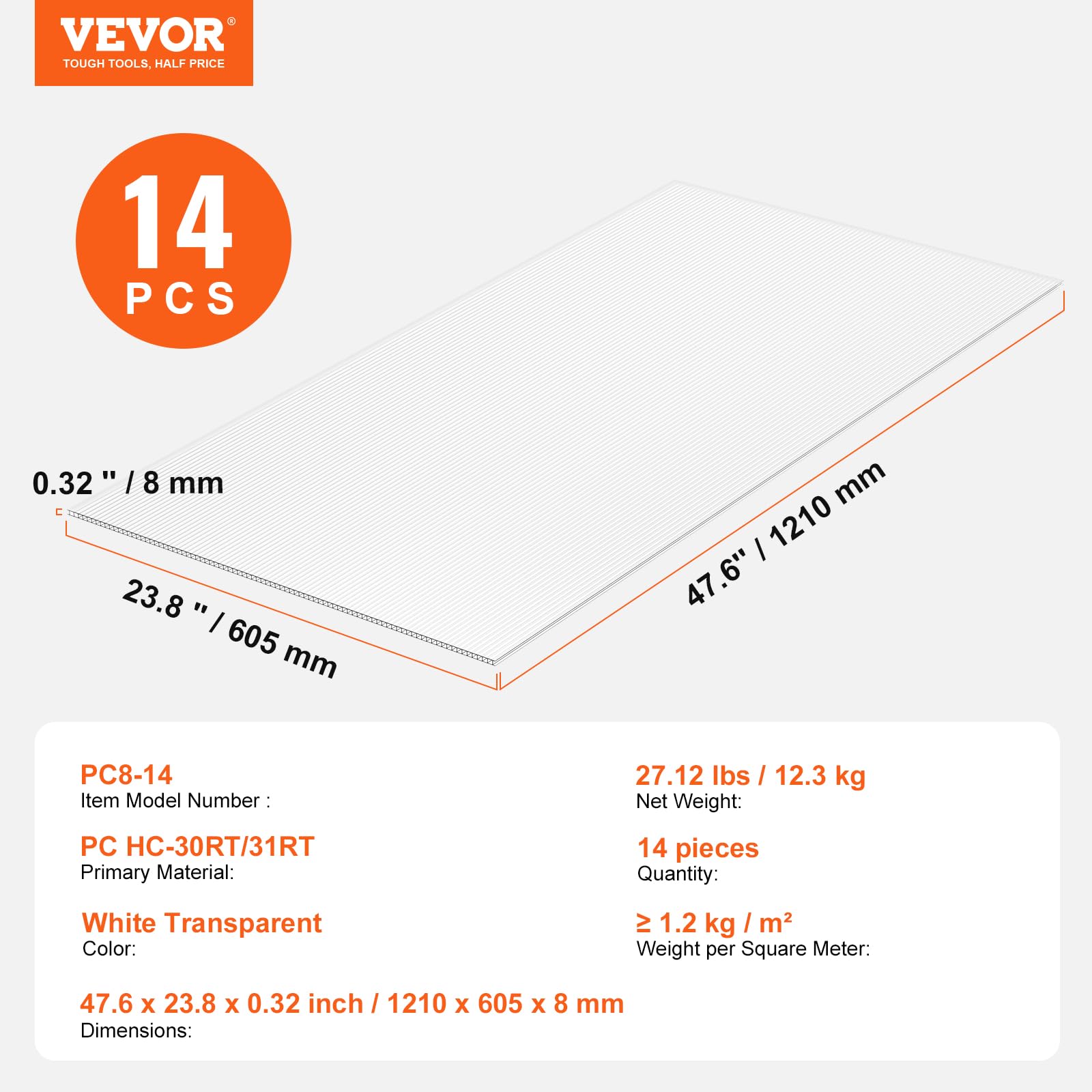 VEVOR Pannelli per Serre in Policarbonato per Tetti 14 Pezzi, 1210 x 605 x 8 mm, Coperture in Plastica Ondulata Impermeabile e Protetta dai Raggi UV, Lastre Trasparenti per Coperture Urti per Serre