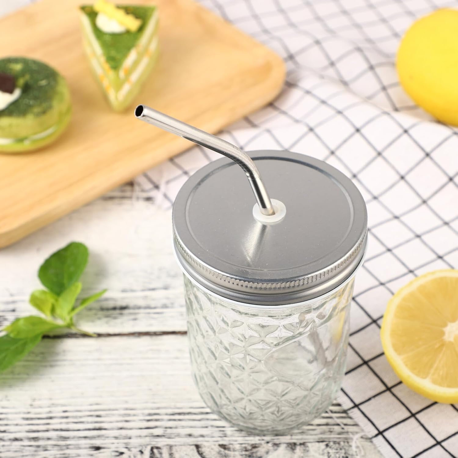 Luxshiny 500ml Diamond Pattern Glass Mason Jars with Straw Set of 4, Multifunctional Drinking Jars for Juice Milk Hot Drinks, Reusable Glass Containers for Kitchen and Dining