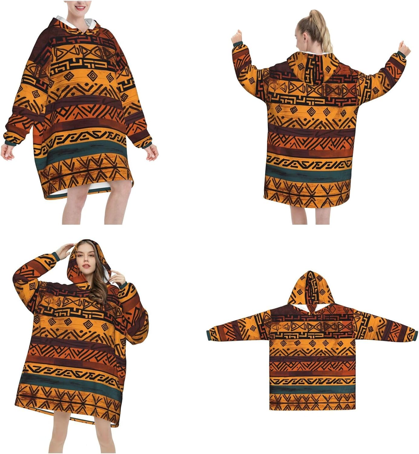 African Mud Cloth Tribal Print Blanket Hoodie Fleece Sweatshirt Blanket With Sleeves And Pockets