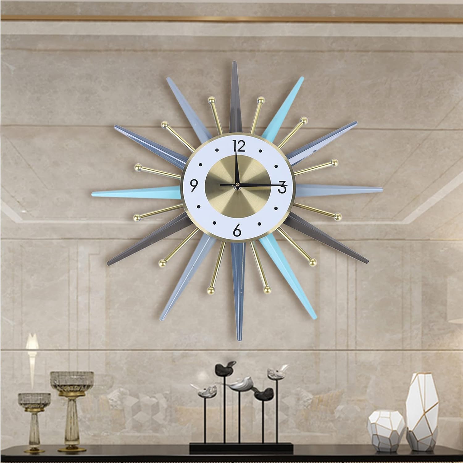 Large Wall Clock 23 inch Mid Century Wall Clocks Starburst Clock Non Ticking Battery Operated 3D Wall Clocks Home Décor for Living Room, Kitchen, Dining Room, Bedroom