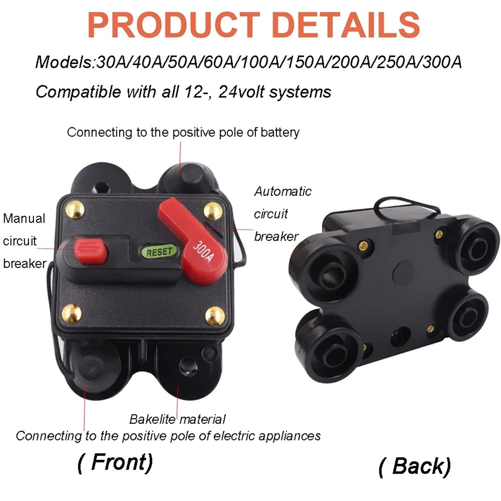 Wyłącznik automatyczny 12V 24 48 V DC 20A 30A 50A 60A 80A 100A 150A 200A 250A 300A Bezpiecznik resetowalny audio do samochodów ciężarowych Ochrona napięcia(250A)